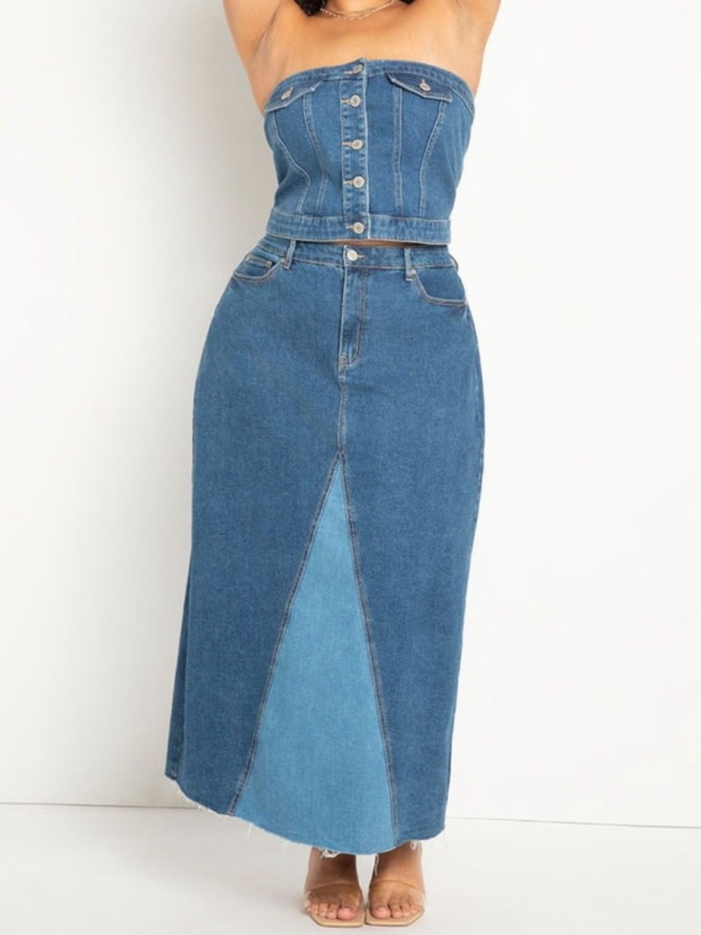 Eloquii Colorblocked Denim Maxi Skirt and Denim Top Set. Size 14